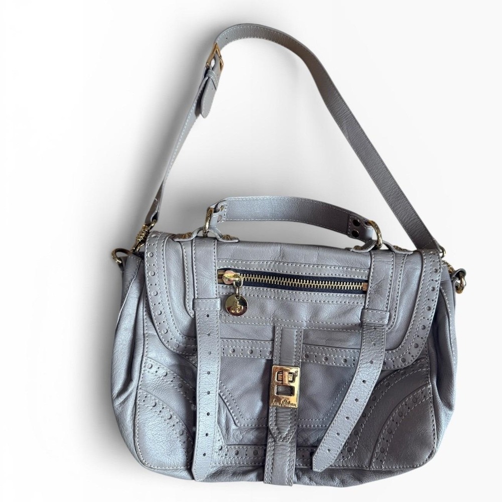 Sam Edelman Gray Leather Studded Satchel Shoulder Bag Flap Lock Gold Hardware